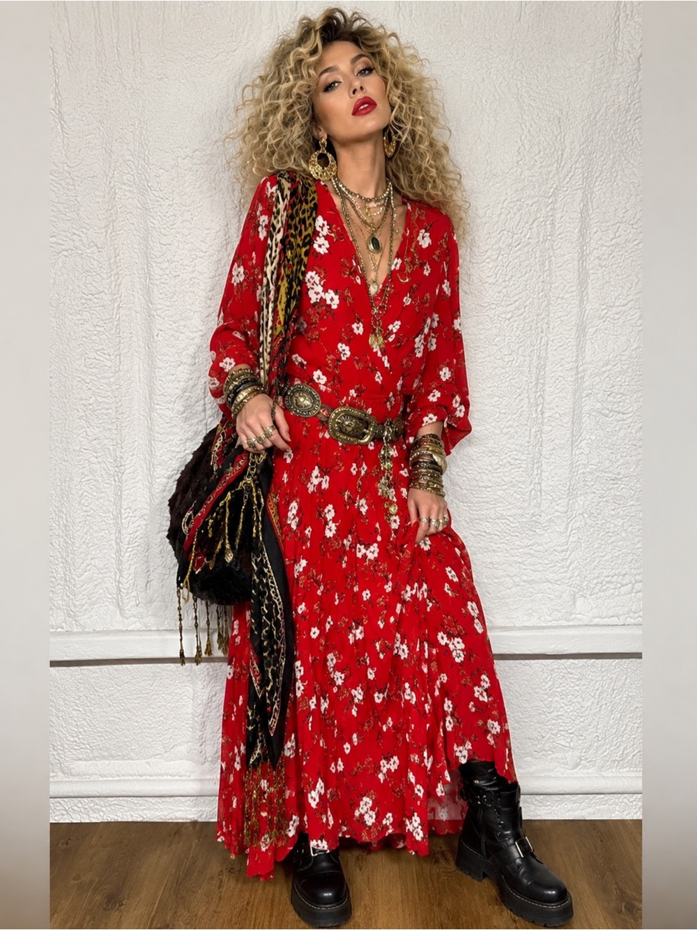 Red oriental floral maxi dress, chiffon long sleeves, pleated pattern skirt, Med